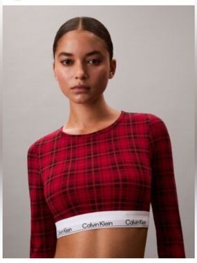 Calvin Klein Red Plaid Icon Cotton Lightly-Lined Cropped Bralette Tee Size XL